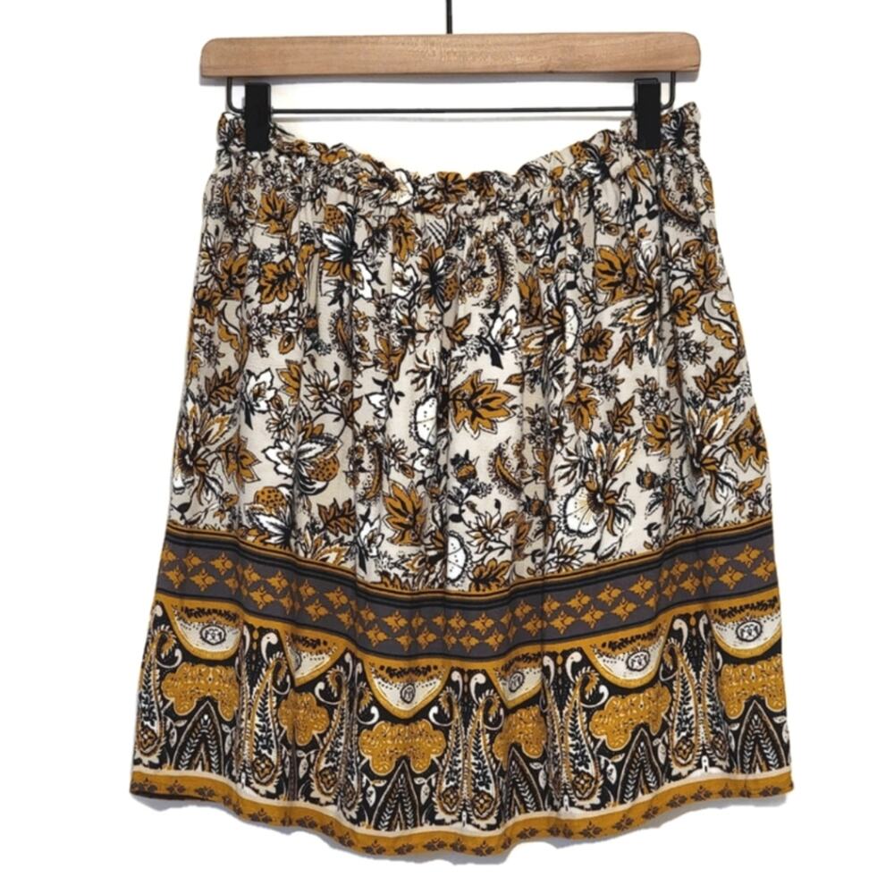 Garnet Hill Paisley Floral Pull On Elastic Waist Skirt Mustard Black Size S Boho - Picture 6 of 10